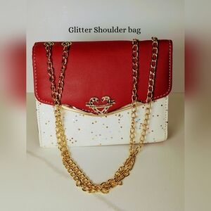 💖NWT 💖Red & White Glitter Star Shoulder Bag Gold Heart Chain Strap Crossbody💥